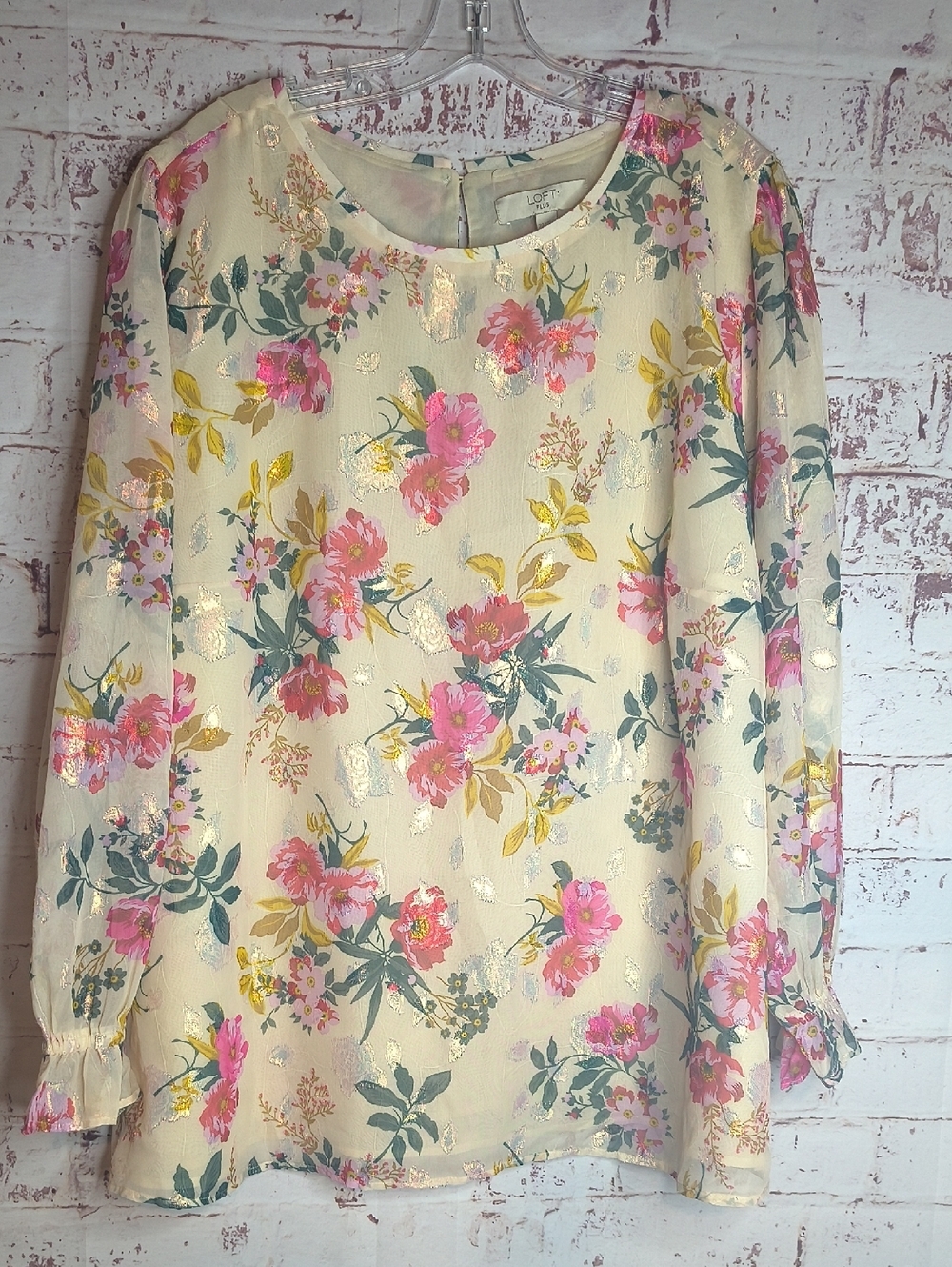 LOFT Cream Floral Blouse with Pink & Green Accents